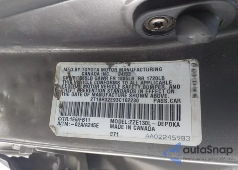 2003 Toyota Corolla Ce z USA, uszkodzony, nr VIN 2T1BR32E93C162230